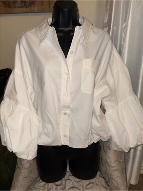 Balloon Sleeve White Button Down Blouse